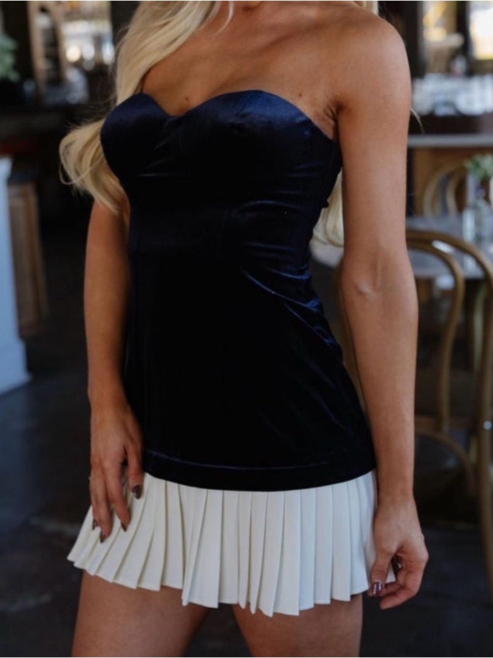 Strapless Navy and White Pleated Mini Dress